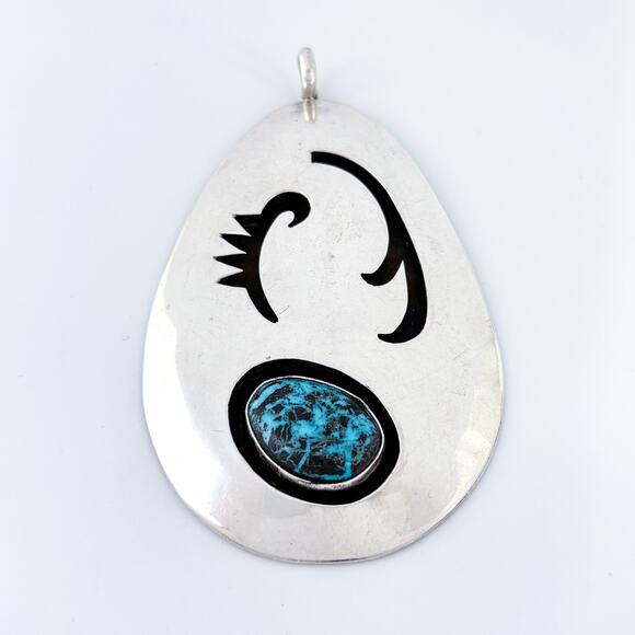 Vintage Sterling Silver Navajo Shadowbox Pendant | Turquoise Statement Jewelry - Picture 2 of 8